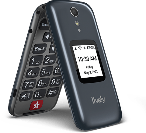 The Lively Flip phone displaying the date and time.